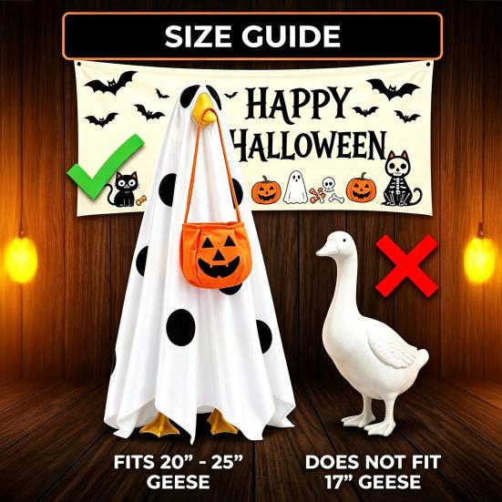 Illuminated Halloween Prop Lighted Ghost Porch Goose Outfit And Flag Set for 23 Inch Statue, Outdoor Yard Ornament Spooky Clothes with Pumpkin Bucket