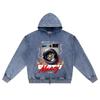 DTG Print Knitted Denim Zip-Up Hoodie Dirty Money Brother Print Zipper Hoodies  
