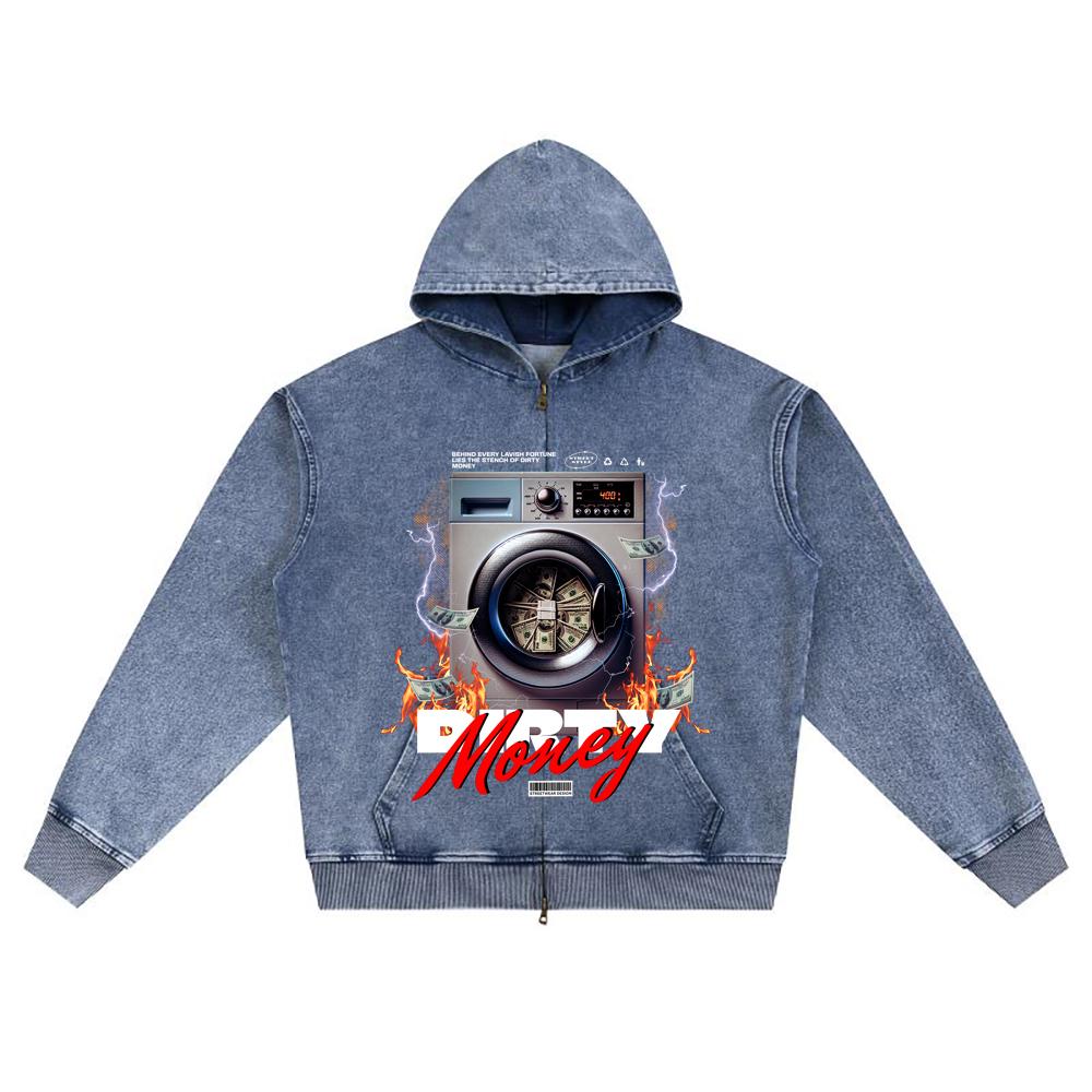 DTG Print Knitted Denim Zip-Up Hoodie Dirty Money Brother Print Zipper Hoodies