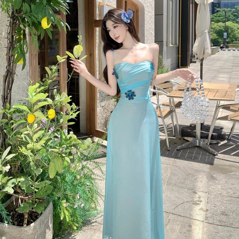 Travel Wear Design Blue Flower Waist Suspender Dress Women's Summer Seaside Vacation Beach Dress
