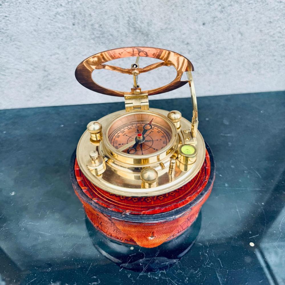 Brass Gilbert Compass with Leather Case – Heavy Duty Nautical Sundial, Vintage Steampunk Captain Gift standard