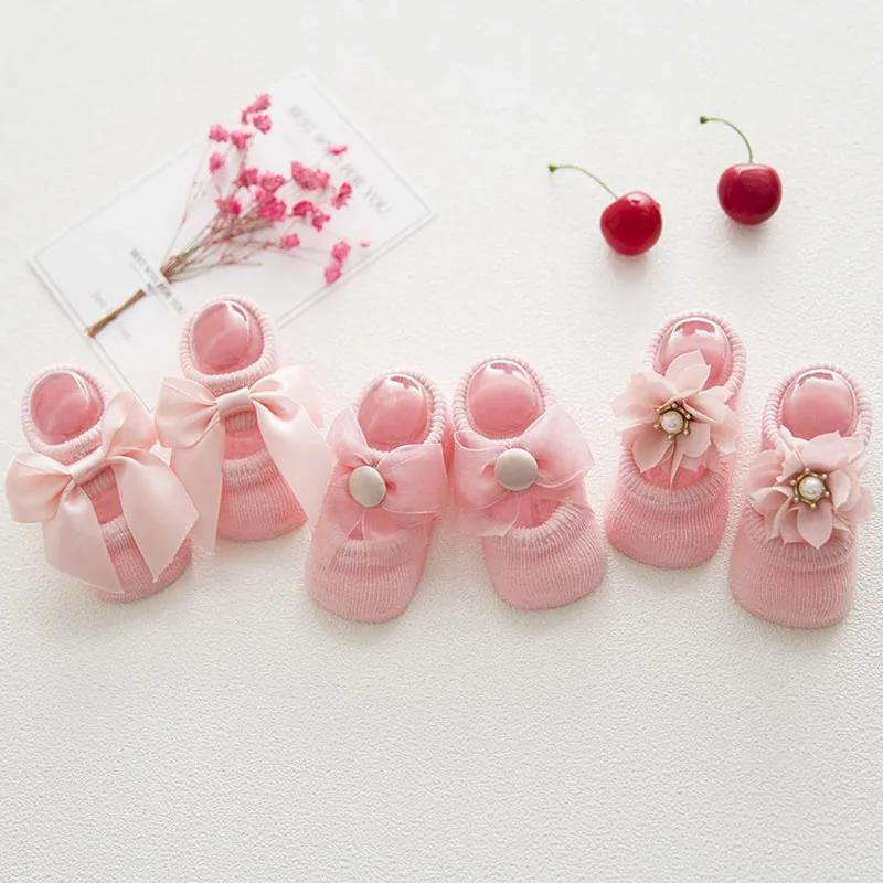 3 Pairs Cute Flower Baby Socks Sweet Lace Bow Newborn Girls Princess Sock Soft Cotton Infant Anti-slip Floor Socks