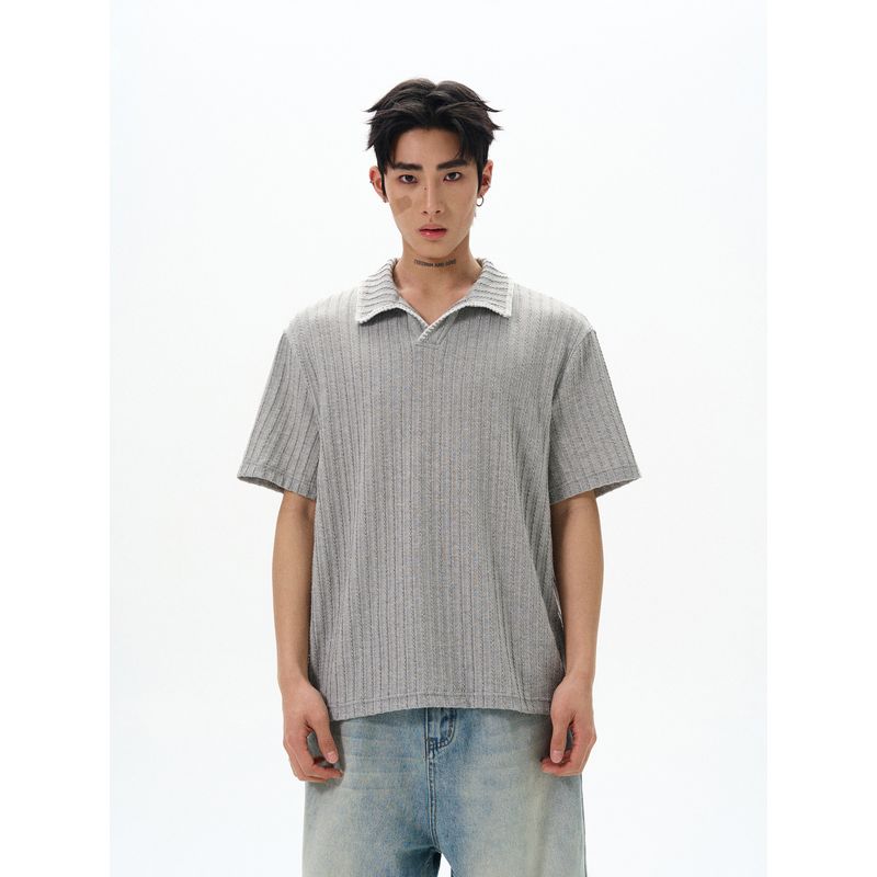 Kisko Simple Retro Hand-Stitched Patchwork Light Luxury Lapel Short-Sleeve T-Shirt for Men and Women with a High-End Feel Cleanfit Top Trendy