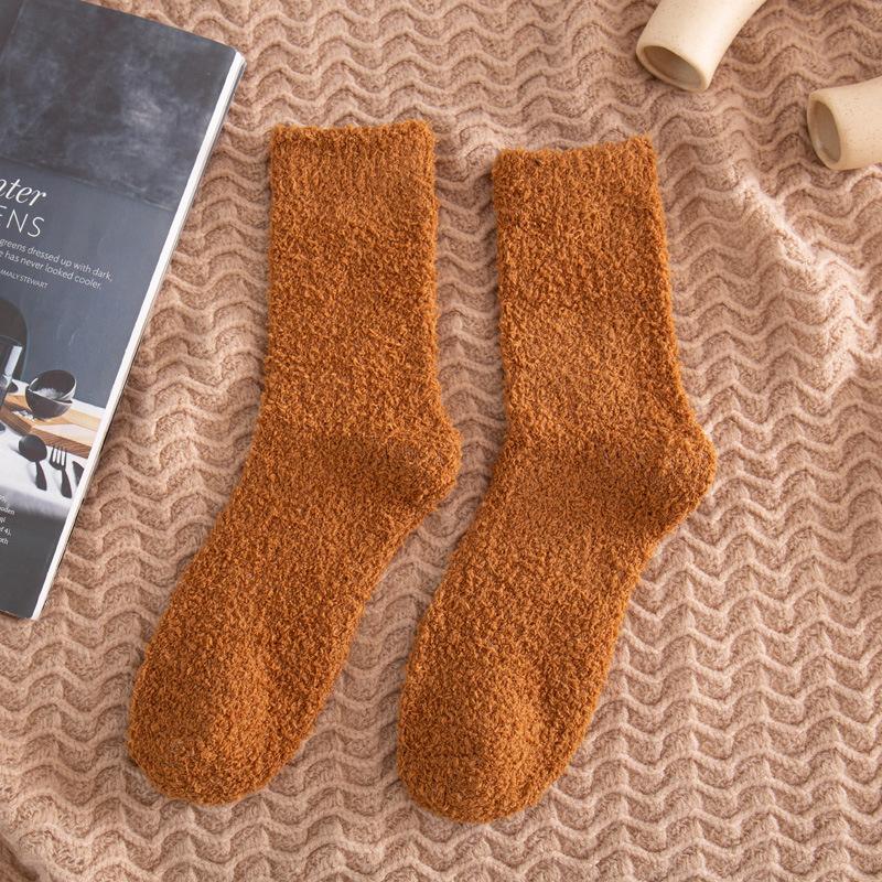 5/10 Pairs Solid Colour Men's Mid Calf Socks Autumn Winter Thickened Warm Floor Socks Home Use Non Shedding Coral Fleece Socks Comfortable