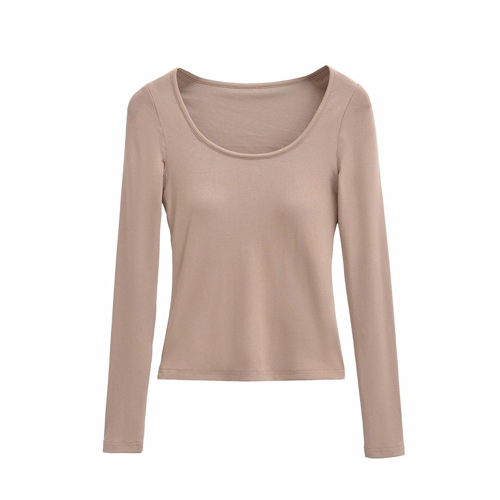 2025 Autumn/Winter Women's Sexy Slim-Fit Long-Sleeve T-Shirt with Built-in Bra and U-Neck