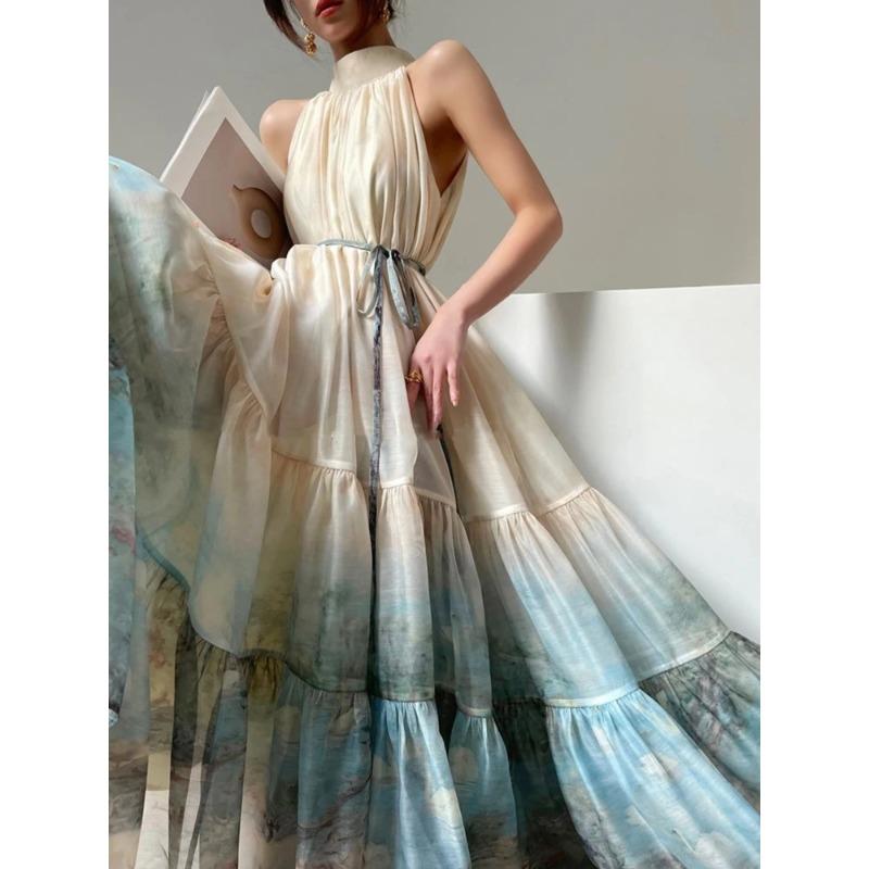 New Chinese Style Print Long Dresses for Women Summer Sleeveless Halter Loose A-line Evening Party Dress Prom Robe Vestidos