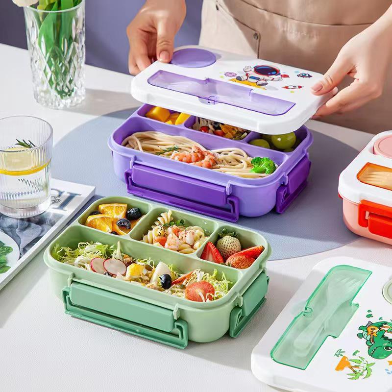 4Grid Lunch Box Outdoor Bento Box with Fork Microwave Heated Lunch Container with Sauce Box for Children Student Food Storage