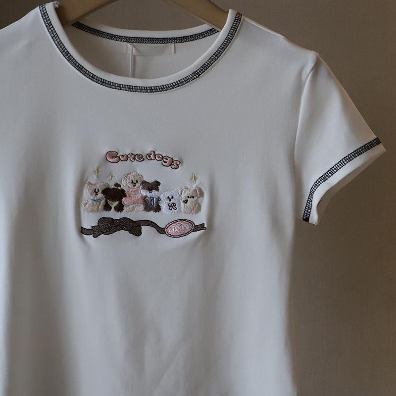 2025 Korean Style Cartoon Embroidered Slim Fit Cute Short Sleeve T-Shirt for Women