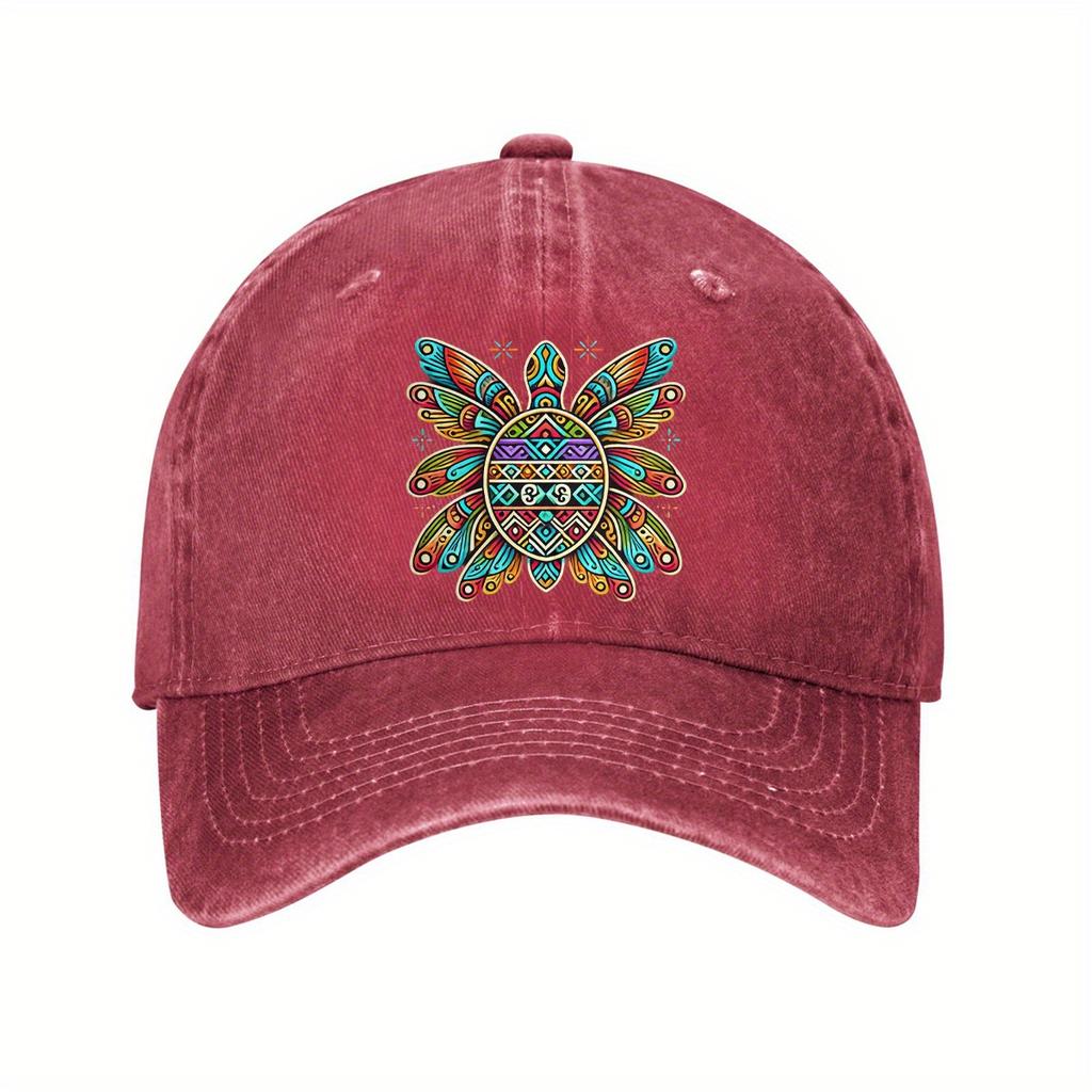 Colorful Tribal Turtle Baseball Cap Washed Denim Dad Hat Adjustable Outdoor Sun Protection Unisex