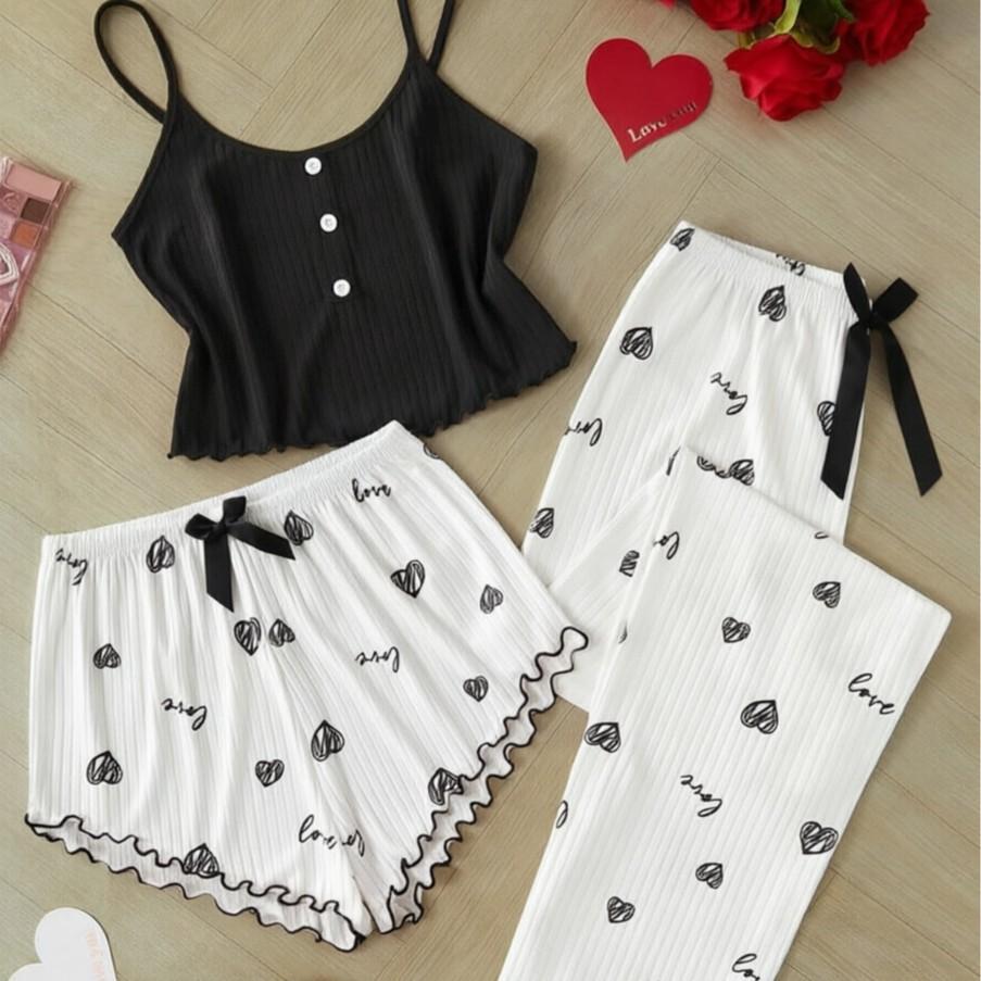 Pure Desire Love Print Summer Three-piece Set Sweet Suspenders Women's Loungewear Pajamas Women