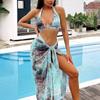 2024 Hot Girl Print Three-Piece Bikini Set with Yarn Skirt - Sexy Backless Design