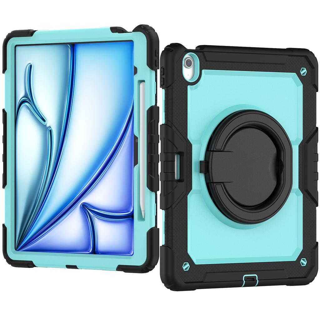 For iPad Air 13 M2 M3 2025, Military Grade Shockproof Protective Silicone Cover 360 Folding Handle Grip + Handle Shoulder Strap