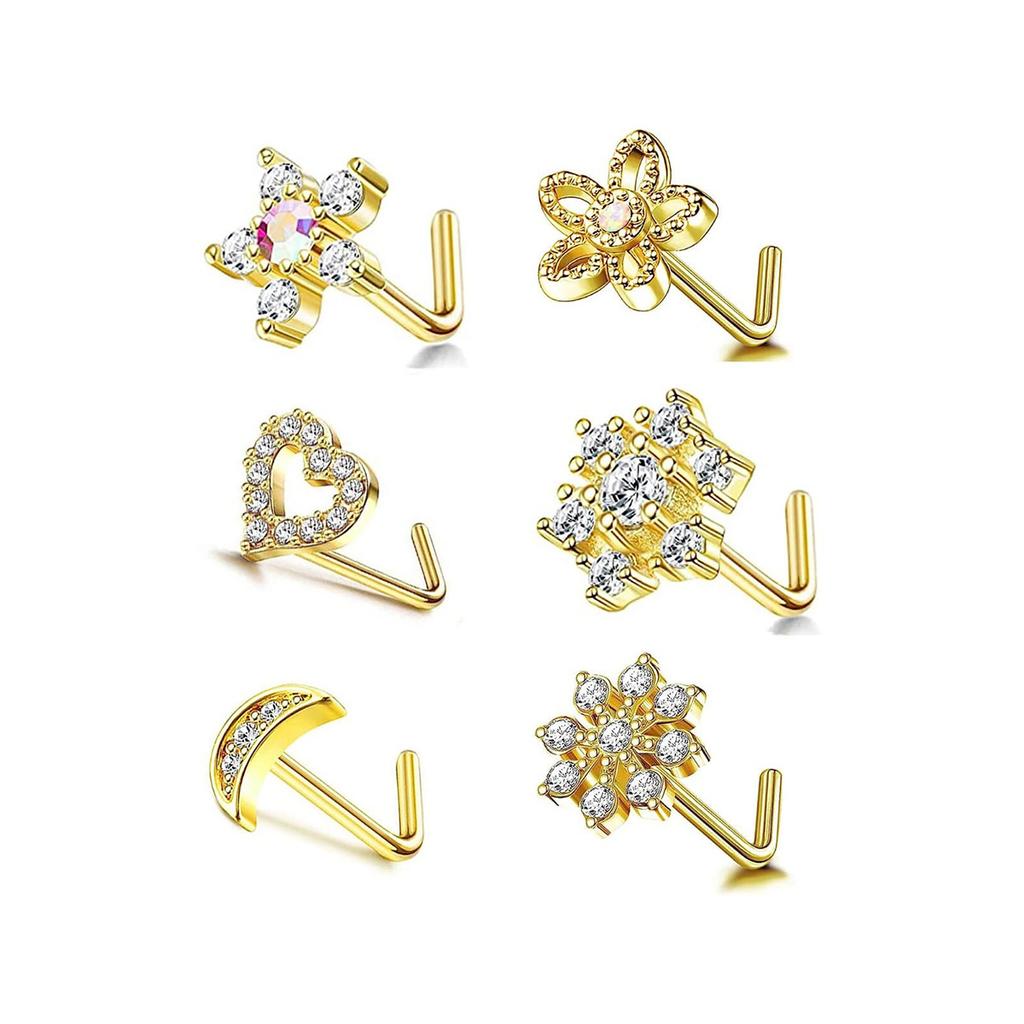 6Pcs 20G Stainless Steel L Shaped Nose Rings Hypoallergenic Flower Heart Star Nose Studs Piercing Jewelry Gift for Women