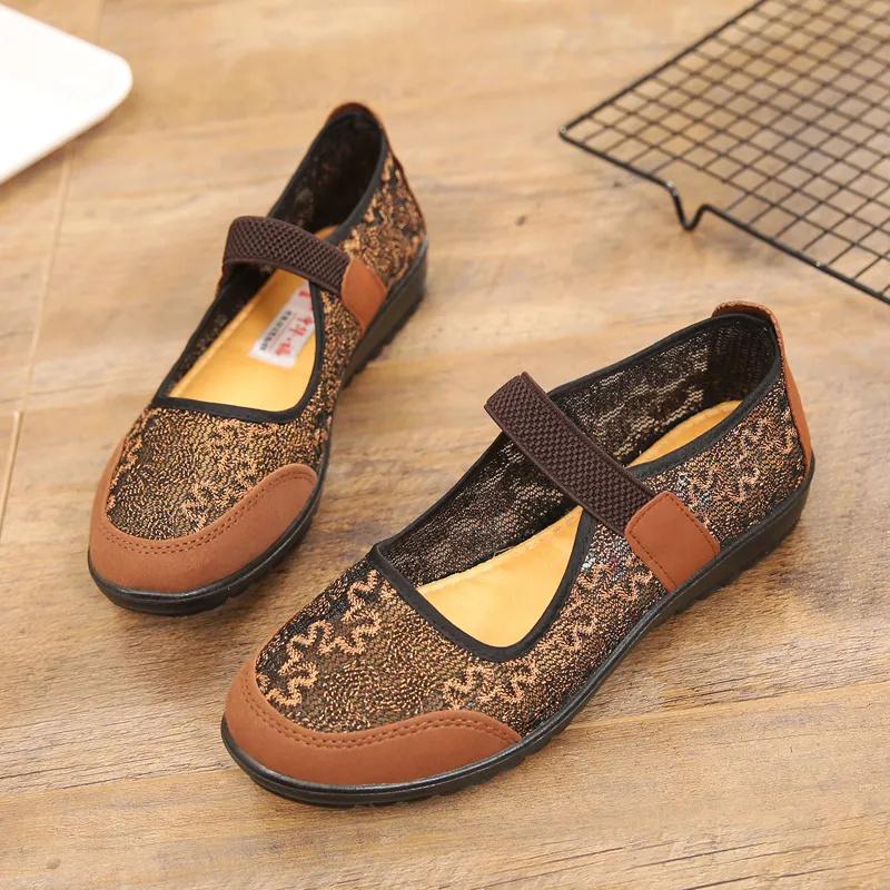Damenmode runder Zeh weinrot Schnallenriemen Mesh atmungsaktive flache Schuhe Dame lässig Retro chinesische Stickerei Blumen Schuhe ba328