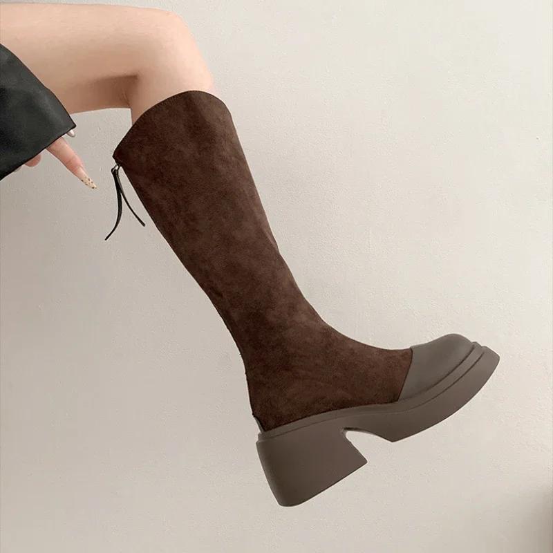 Stretch Women Knee High Boots Fashion Back Zippers Long Booties Autumn Winter Square Heel Ladies Shoes