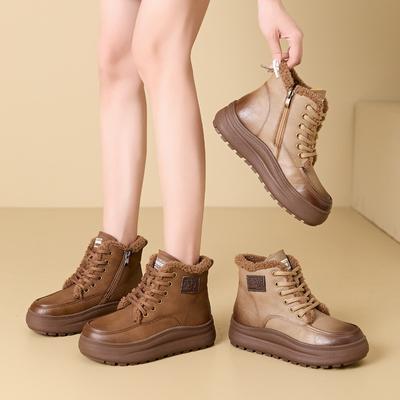 Bottes de neige en laine d'agneau pour femmes automne et hiver antidérapantes rehaussantes chaudes doublées polaire rétro bottes en coton à semelles épaisses bottes courtes