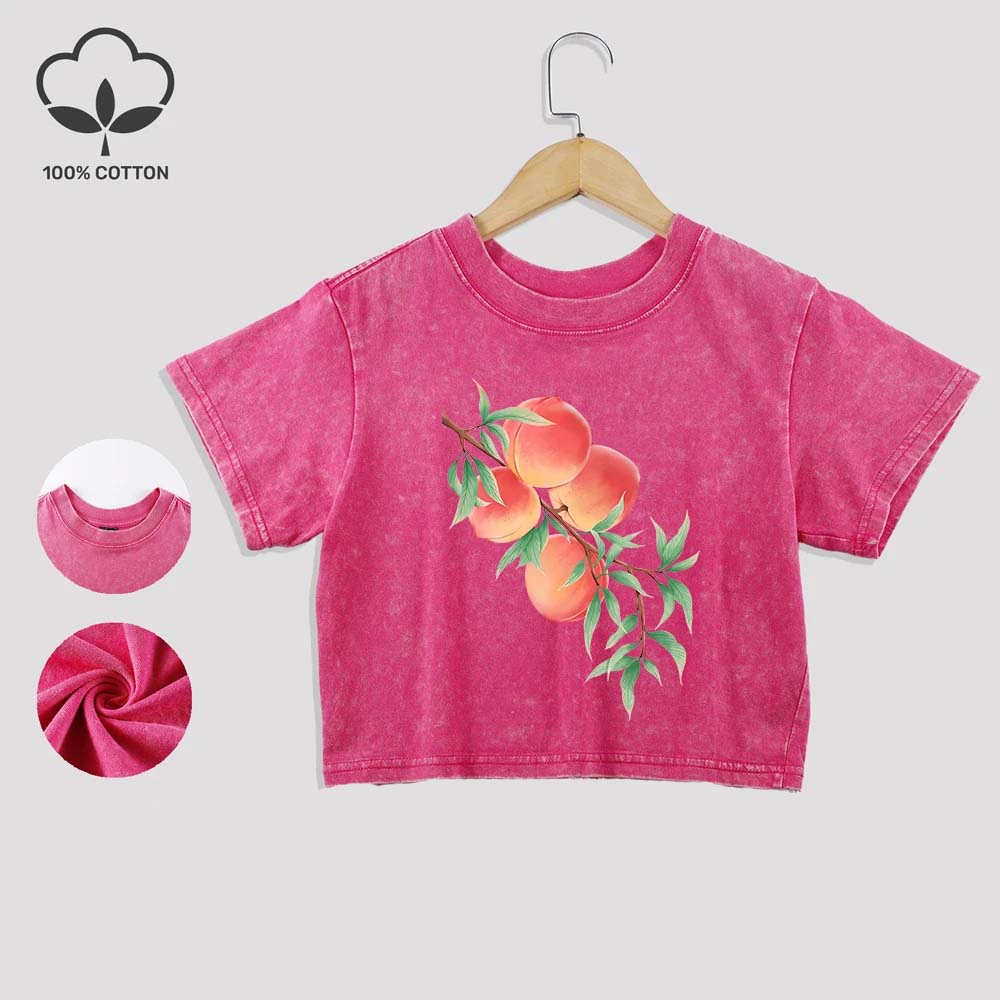 Fresh Peaches Prints Cotton Washed T-Shirts All-Math Summer Lace Hem Crop Tops Distressed O-Neck Short Sleeve Casual Clothes