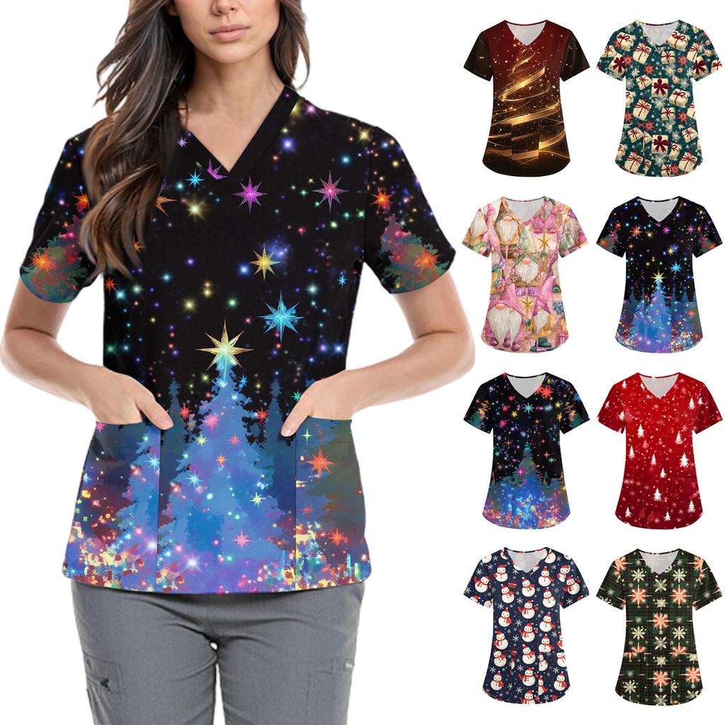 Women's Cute Bow Printed Work Clothes V-neck Double Layer Pockets Basic Short Sleeve Top Pullover