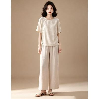 EST+II Women's Round Neck Short Sleeve Top & Wide-Leg Pants Set