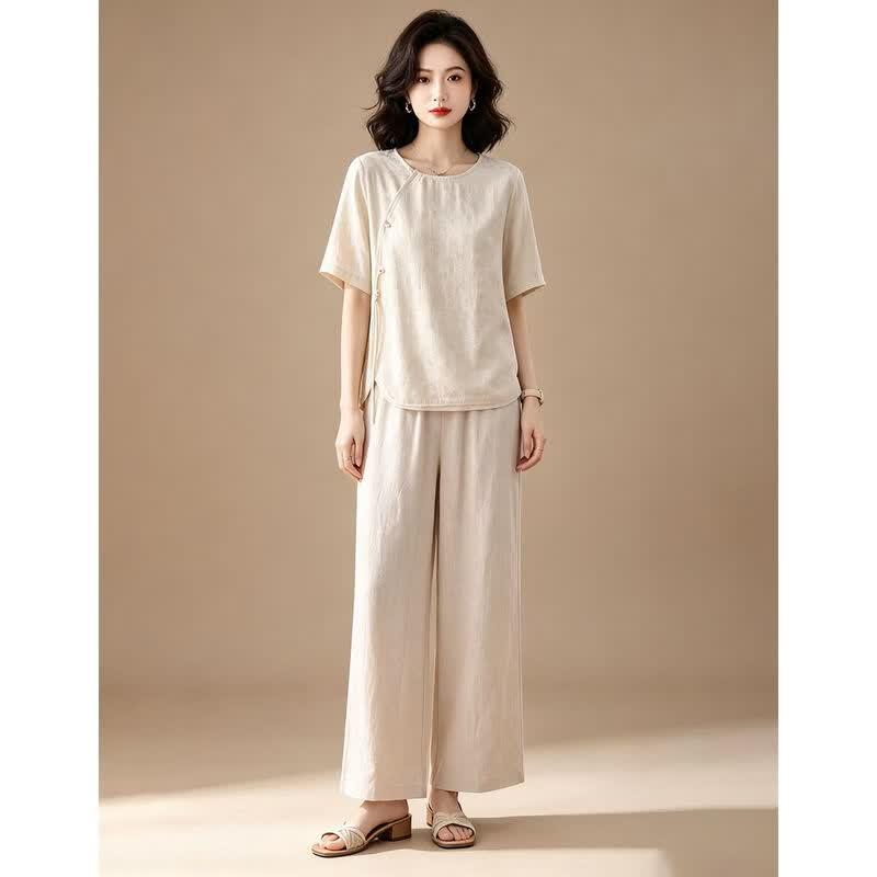 EST+II Women's Round Neck Short Sleeve Top & Wide-Leg Pants Set