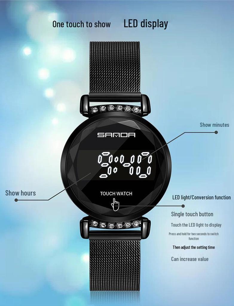 Sanda LED Touch Screen Ladies Mesh Band Watch 8007