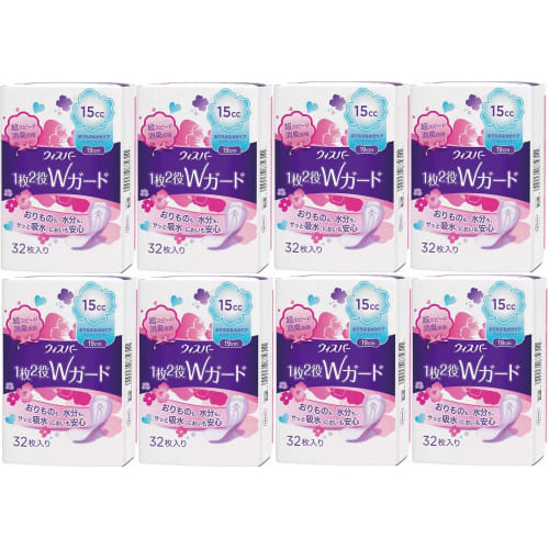Bulk Purchase: Whisper 2-in-1 W-Guard Panty Liners for Women, 15cc Absorbent, for Discharge and Moisture Care, 32 Liners, 19cm x 8 Packs