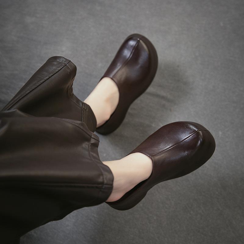 2026 Summer New Classic Retro Mule Sandals Breathable Full Cowhide Thick Sole Height Increasing Women Shoes