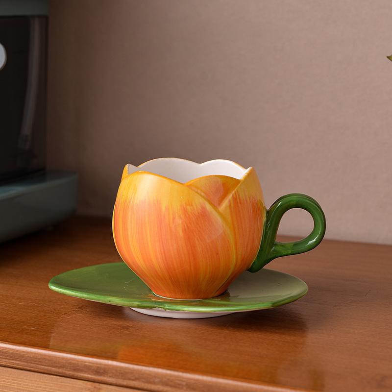 300ML European Ceramic Flower Coffee Cup Saucer Creative Tulip Mug Exquisite Afternoon Tea Flower Tea Cup Home Breakfast Mug New