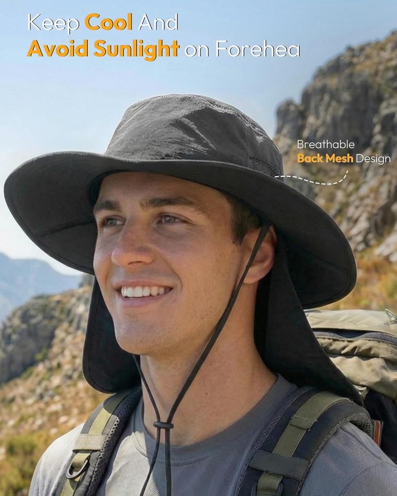 Men's Wide Brim Sun Hat with Neck Flap for Fishing Hiking UV Protection