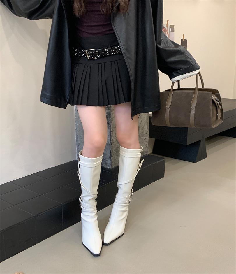 

Giant Beauty~ White Coarse Heel Motorcycle Knight Boots Women s British French Belt Buckle Height Increasing Skinny Long Fashion Boots Women 39