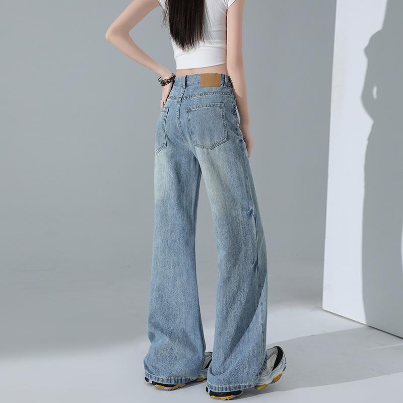 Light blue crease slightly pulled jeans women's summer new straight loose high waist thin wide leg flared pants