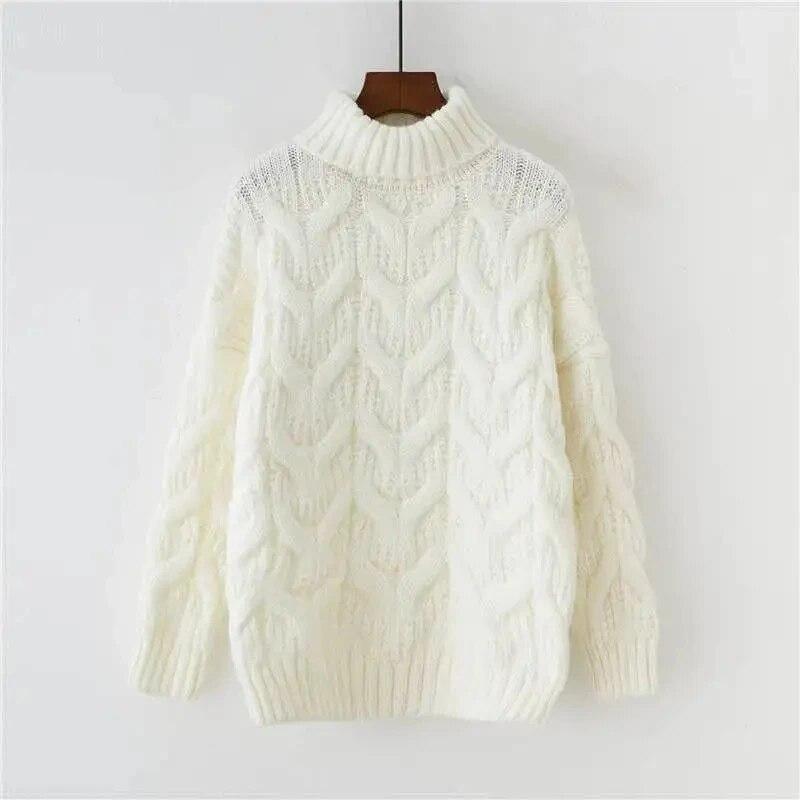 Turtleneck Sweater Thickened Loose Crochet Stripe Women Short Knit Pullover Warm  Pull Jumper Casual Commuting New Fashion Autumn Winter