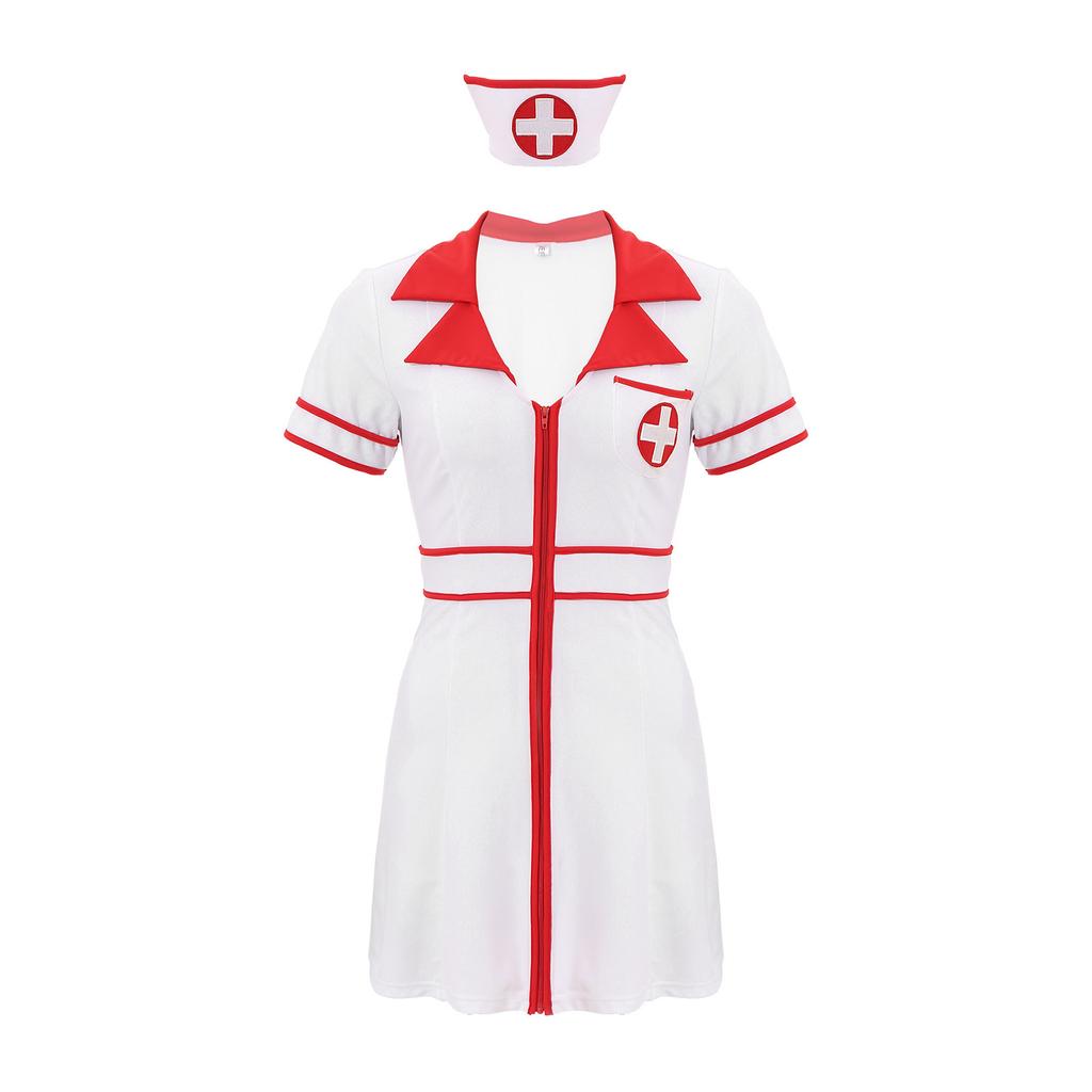 Womens Nurse Dress and Hat Costume Set Short Sleeve Front Zipper Cross Patch Dress with Headwear
