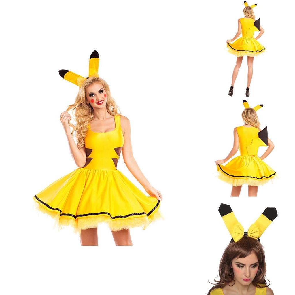 Cadılar Bayramı Kutlamaları İçin Tül Detaylı Muhteşem Sarı Pokemon Pikachu Kadın Elbise Kostümü