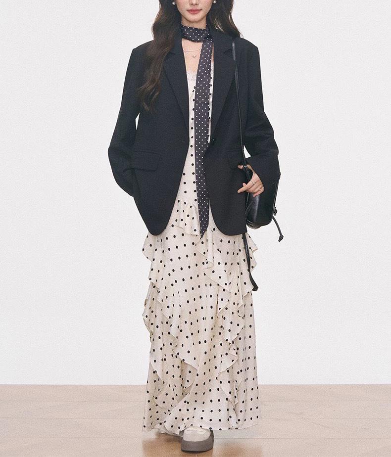 

Women s Polka Dot Slim Dress and Black Suit – Spring/Summer High-End Style Medium