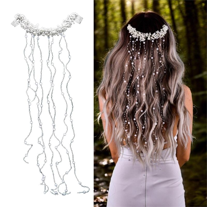 Elegancki Grzebień do Włosów z Perłami dla Panny Młodej Frędzle Koraliki Ślubne Akcesoria do Włosów Biżuteria Damska Wianek do Włosów Długa Opaska Opaski do Włosów