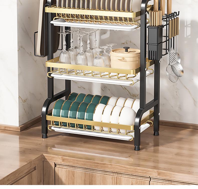 Égouttoir de cuisine multicouche pour bols, assiettes, couteaux et baguettes avec fonctionnalité d'égouttage sur le plan de travail