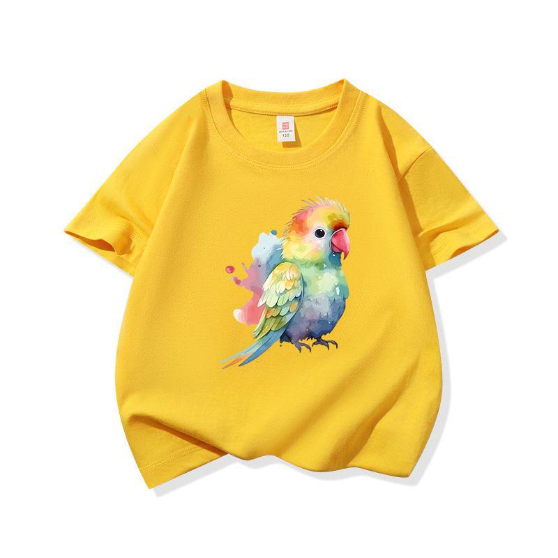 Bright Watercolor Rainbow Parrot Graphic Tee Kids Pure Cotton Crew Neck Print T Shirt Short Sleeve Muticolor Tops Boys Girls