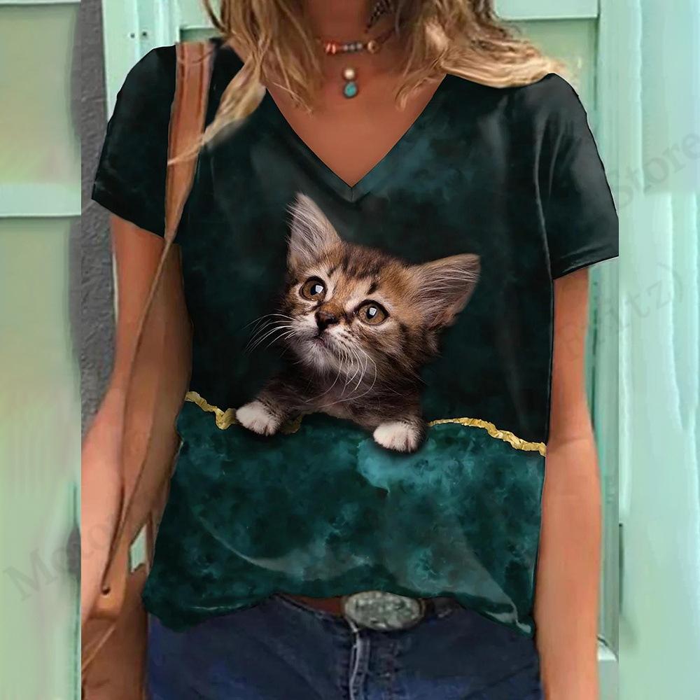 

Летний топ с V-образным вырезом и 3D-принтом в виде кошки, модные повседневные женские футболки с короткими рукавами S