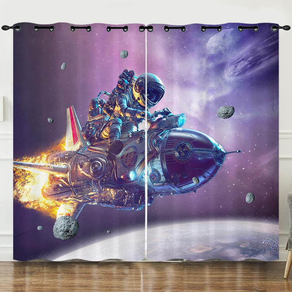 Curtains Starry Sky Astronaut Digital Printed Curtains Blackout Punched Bedroom
