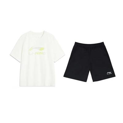 Li Ning Logo Letter Print Round Neck Pullover Short Sleeve T-Shirt Fashion Trend Comfortable Versatile Shorts Casual Sports Suit AHSV161-1+YKSV147-2