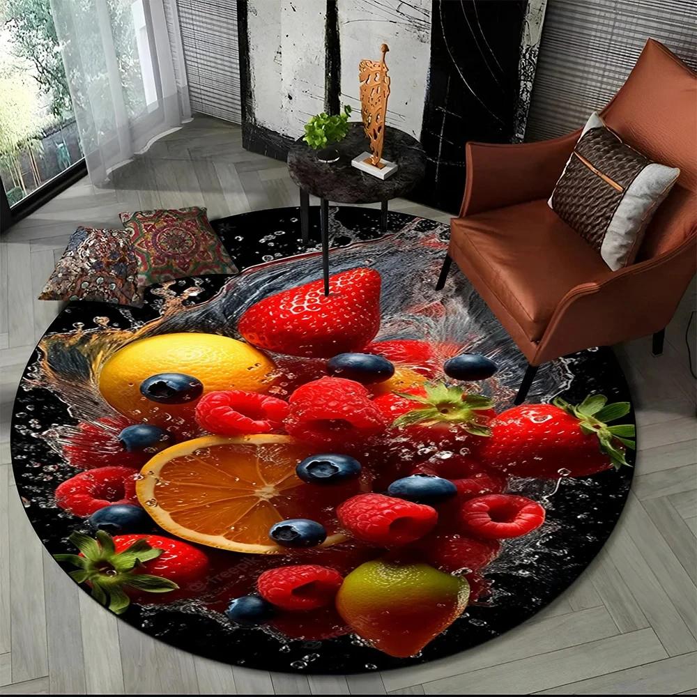 3D Niedlicher Tropenfrucht-Druck Runder Teppich Cartoon Früchte Teppich für Wohnzimmer Schlafzimmer Spielzimmer Badezimmer Dekor Rutschfeste Bodenmatte