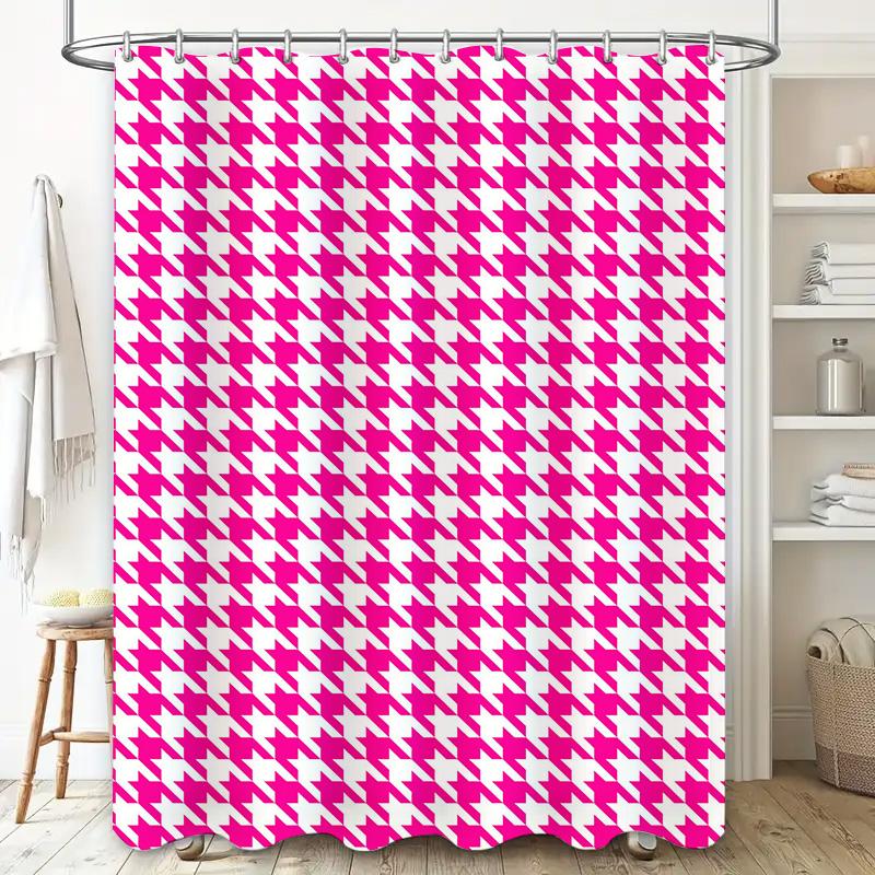 Pink White Plaid Bath Rug Mat Set Decorative Non-Slip Bathroom Rugs Waterproof Shower Curtain