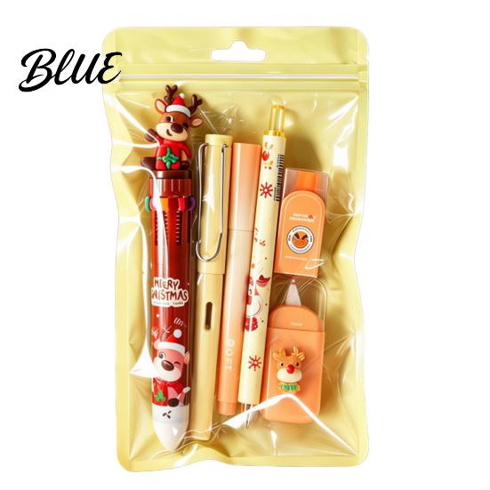 School Gift Sets for Winter Holidays 6PCS Christmas Stationery Set Students Cute Patterns Print Festive Theme Pens Homework Practical Supplies,