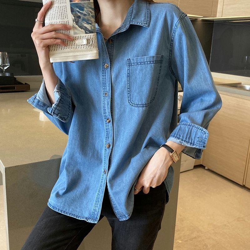 

Retro Hong Kong Style Mid-Length Jacket Denim Shirt Dark blue S