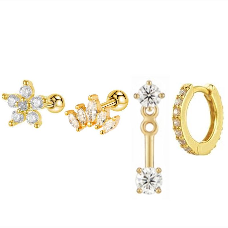 Set de 4 Pendientes Aro Huggie Circulares de Acero Inoxidable para Mujer Color Dorado Único Pendiente de Flor con Circonita Joyería para Piercing