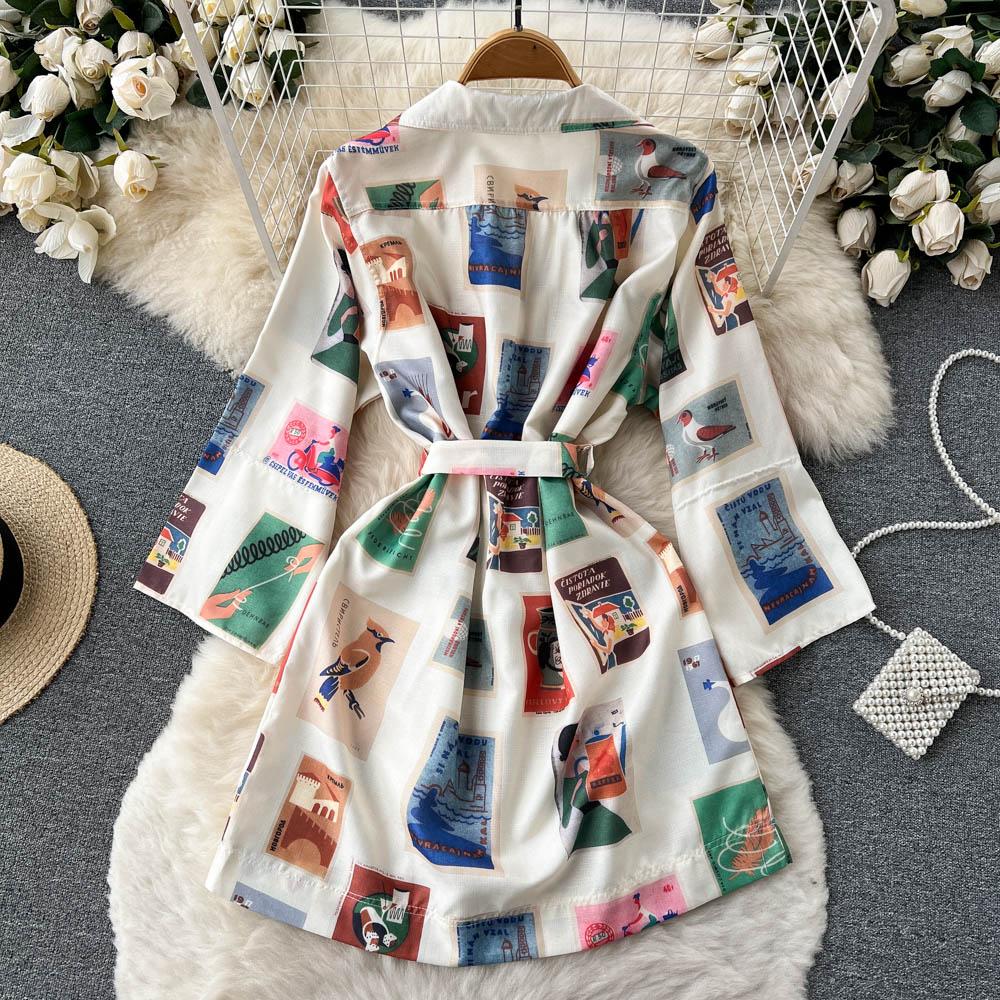 RUGOD Europe and the United States Design Sense Print Dress Women's Lace-up Waist Slimming Western-style Long-sleeved A-line Dress