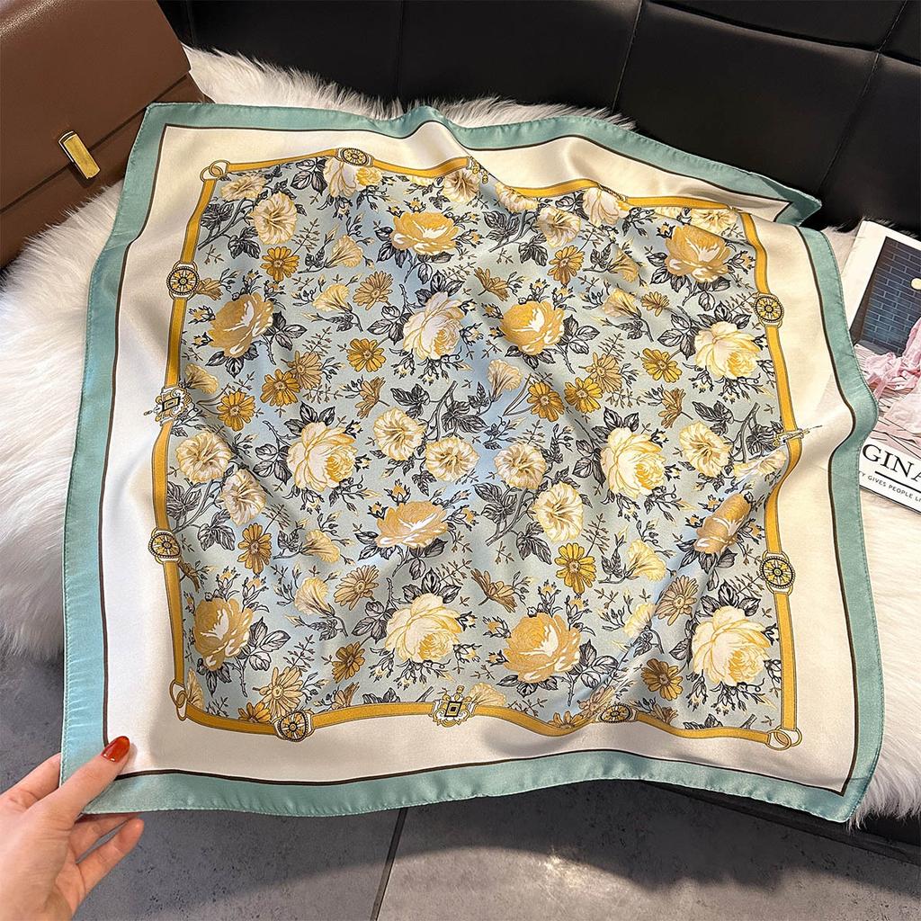 Luxury Square Scarf For Women Fashion Floral Ladies Hijab Elegant Neckerchief Bandanas Soft Stain Faux Silk Scarves Shawl Warps