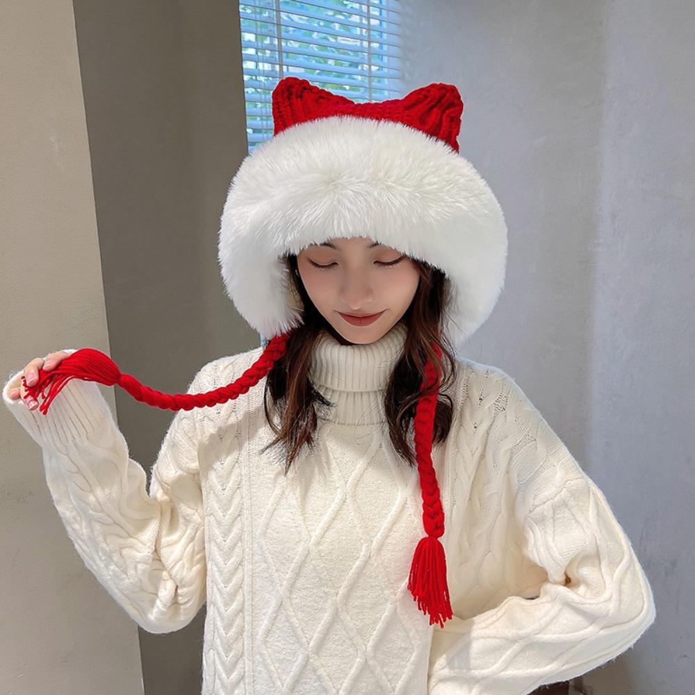 Windproof Plush Hat Faux Fur Knitted Cap Fashion Cat Ear Hat  Girl
