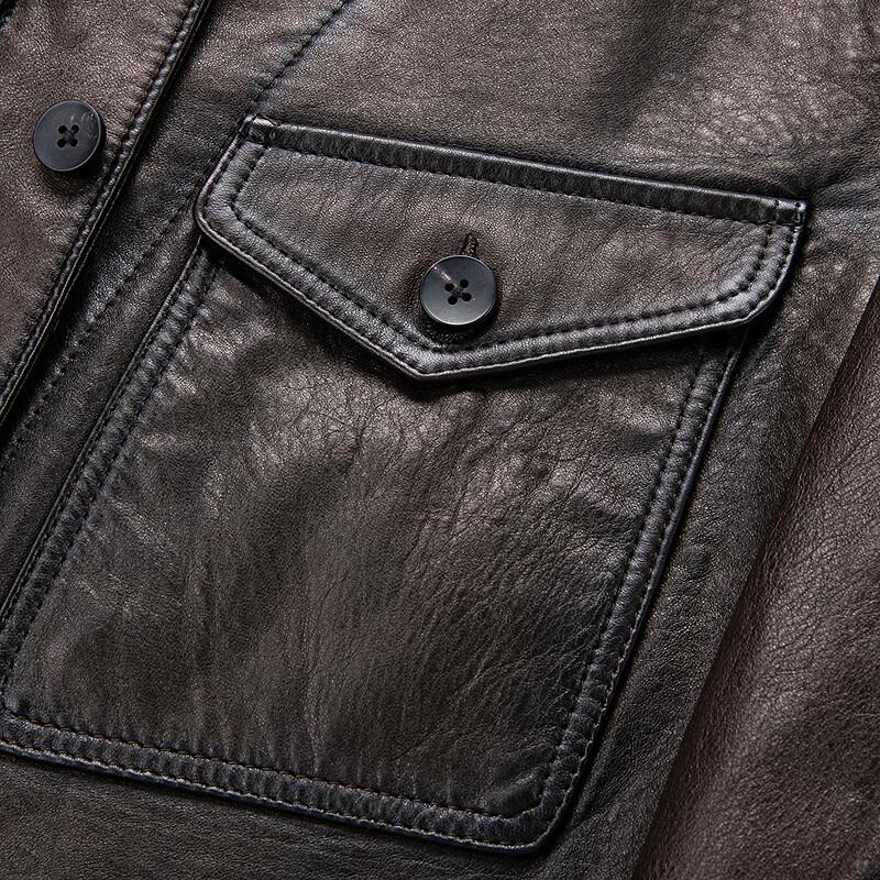 FAPAI Men's 100% Sheepskin Casual Lapel Leather Jacket